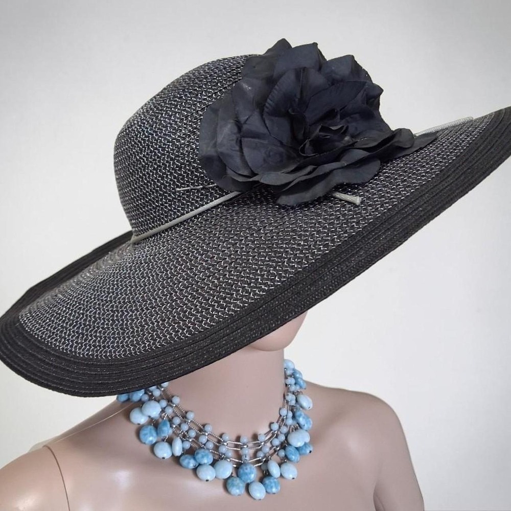 Vintage 80s 90s Black Silver Wide Brim Whimsigoth Sun Hat Rosette Liz Claiborne
